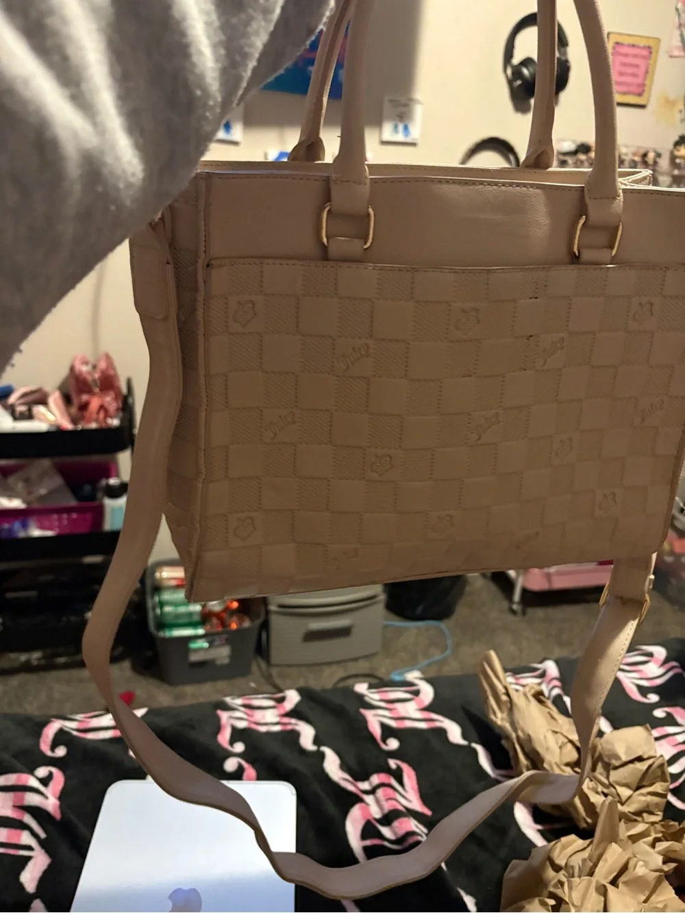 Juicy Couture Beige Checker-Embossed Satchel with Key Charm